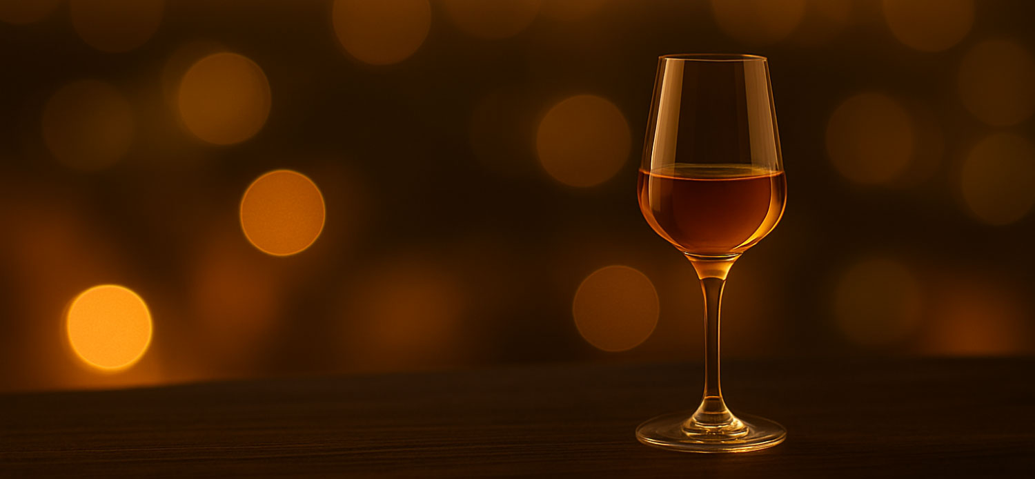 calice di vino dolce ambrato in atmosfera elegante – immagine per la pagina Vini Dolci Artigianali