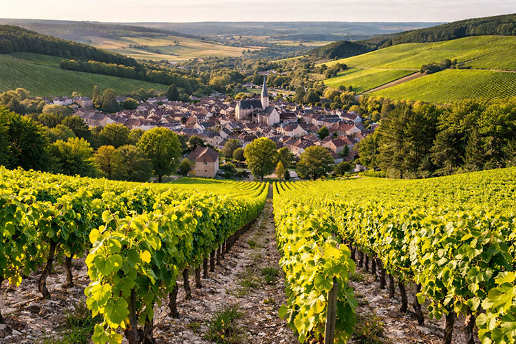 Vigneti della Borgogna tra colline vitivinicole e villaggio storico