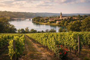 Veduta rappresentativa dei vigneti di Cadaujac lungo la Garonna nella regione di Bordeaux
