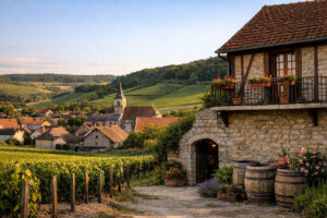Vigneti di Celles-sur-Ource nella Côte des Bar, Champagne meridionale, con colline vitate e borgo rurale
