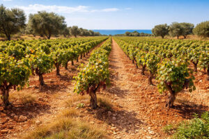 Vigneti della Puglia coltivati su terra rossa con viti ad alberello, simbolo della tradizione vitivinicola pugliese