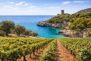 Vigneti del Salento affacciati sul mare con torre costiera e costa rocciosa