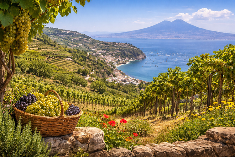 Vigneti della Campania con vista sul Vesuvio e sul Golfo di Napoli paesaggio vitivinicolo campano
