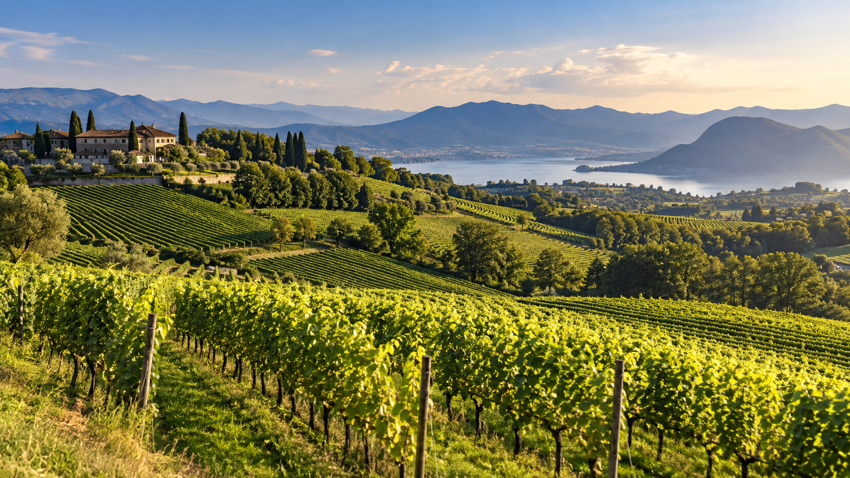 Vigneti della Franciacorta nel paesaggio collinare della Lombardia