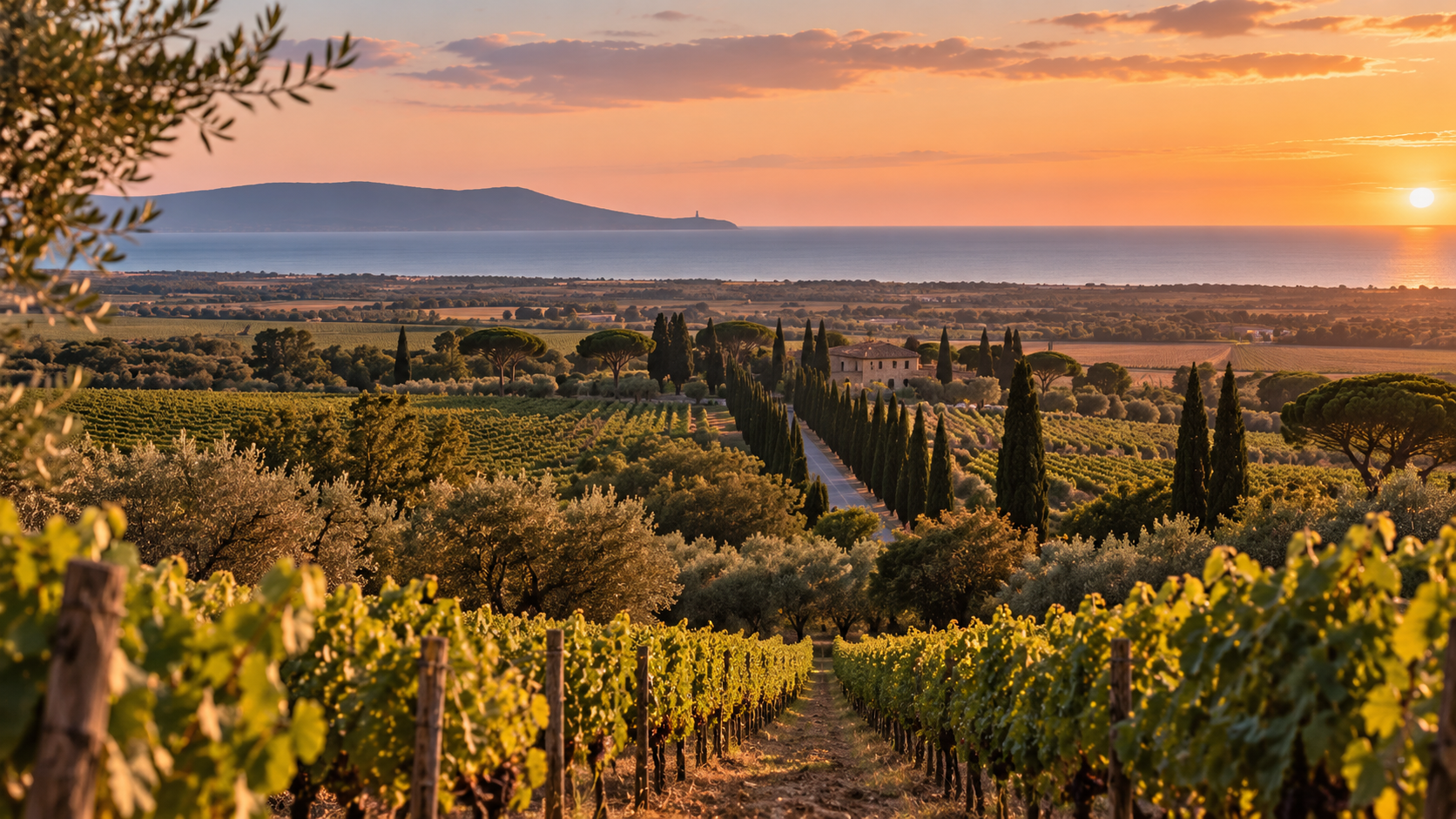 Vigneti di Bolgheri tra cipressi e paesaggio della costa toscana