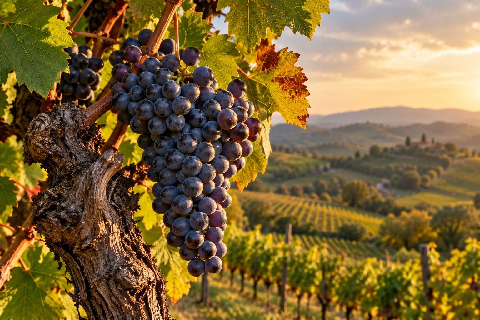 Grappolo di uva Barbera matura sul ceppo con vigneti sulle colline del Piemonte