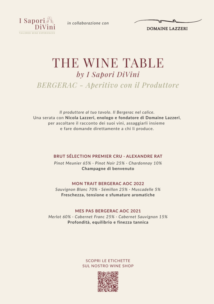 Locandina Bergerac – Aperitivo con il Produttore, evento The Wine Table di I Sapori DiVini con Domaine Lazzeri.