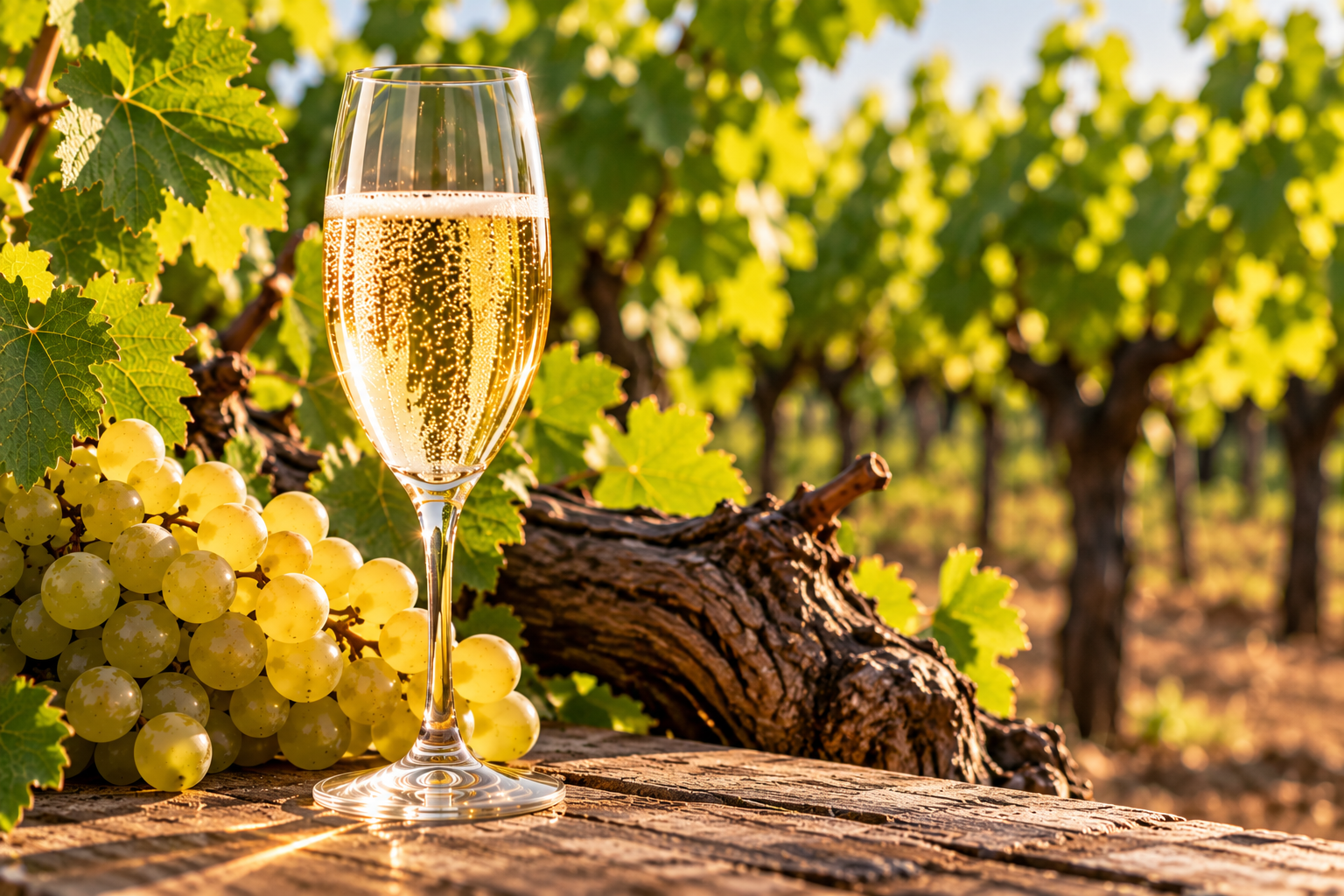 Calice di vino con bollicine, grappolo d'uva e ceppo di vite