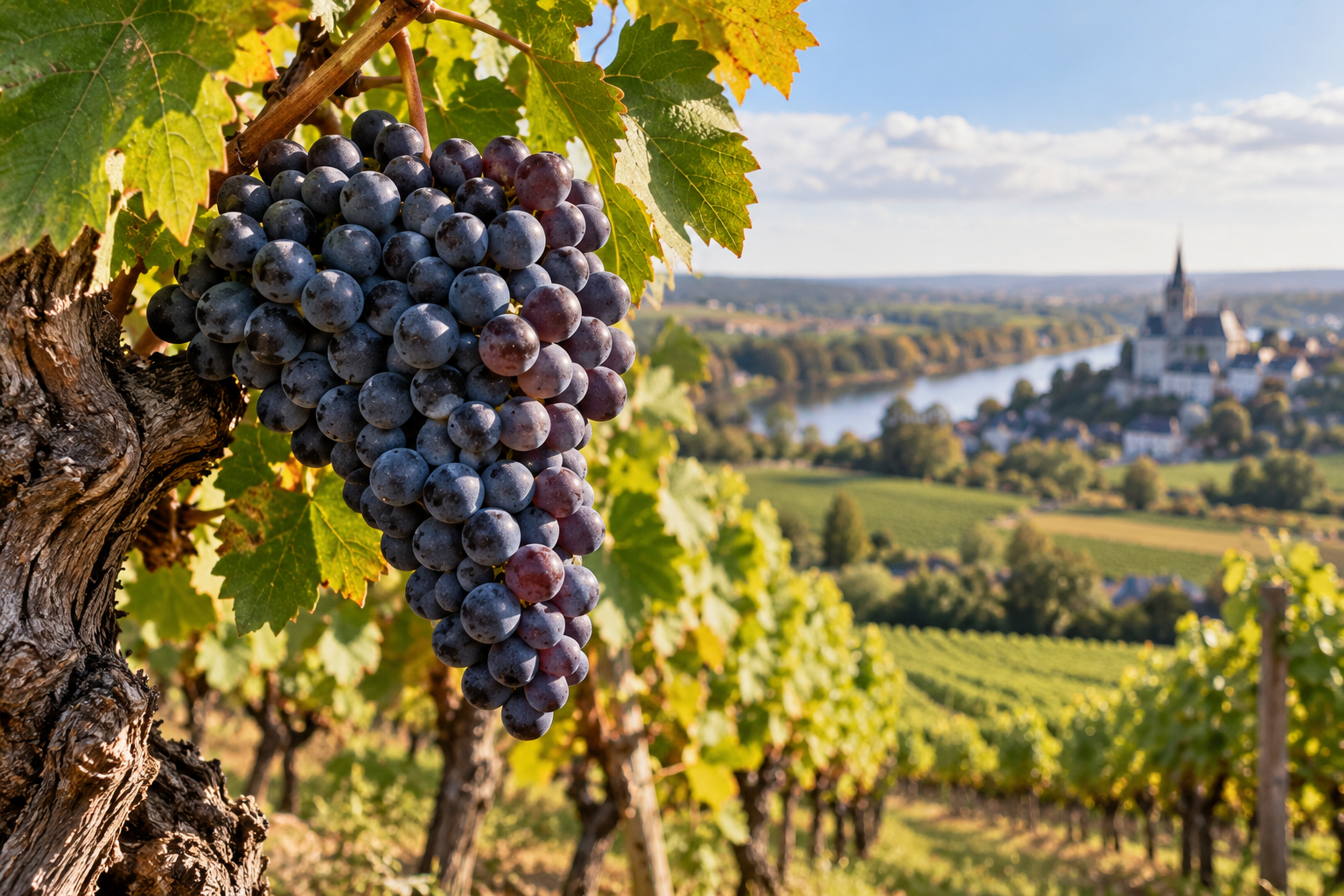 Grappolo di uva Cabernet Franc matura sul ceppo con vigneti della Valle della Loira sullo sfondo
