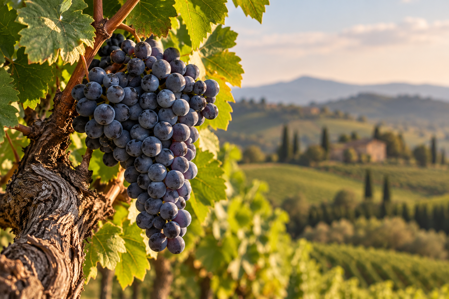 Grappolo di uva Cabernet matura sul ceppo con vigneti sulle colline della Toscana