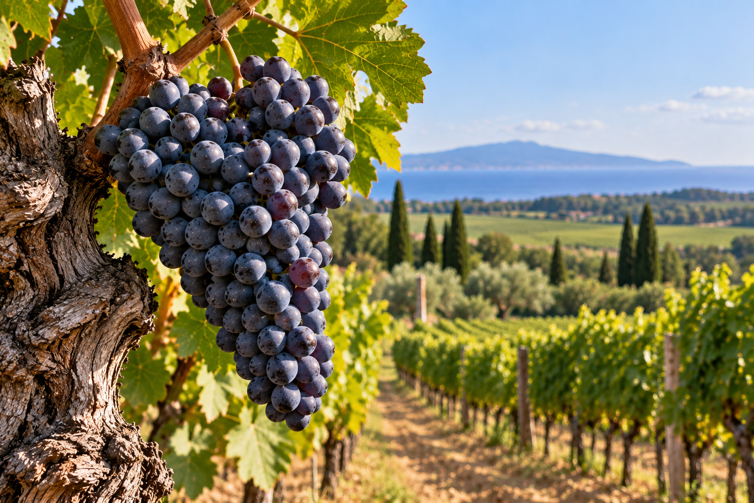Grappolo di uva Cabernet Sauvignon matura sul ceppo con vigneti di Bolgheri in Toscana sullo sfondo