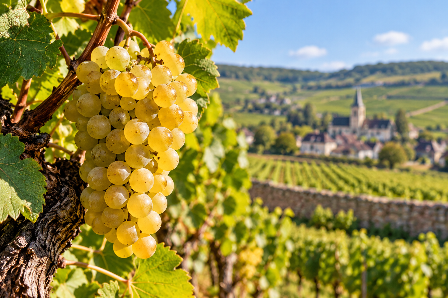 Grappolo di uva Chardonnay matura sul ceppo con vigneti della Borgogna in Francia sullo sfondo