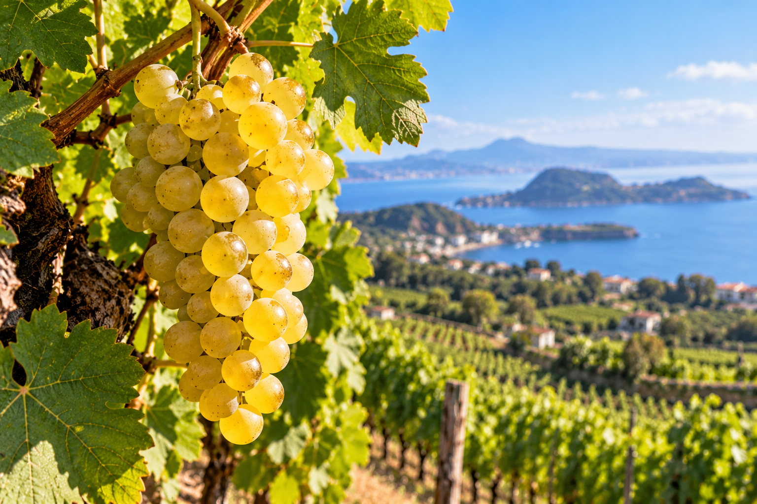 Grappolo di uva Falanghina matura sulla vite con vigneti dei Campi Flegrei in Campania sullo sfondo