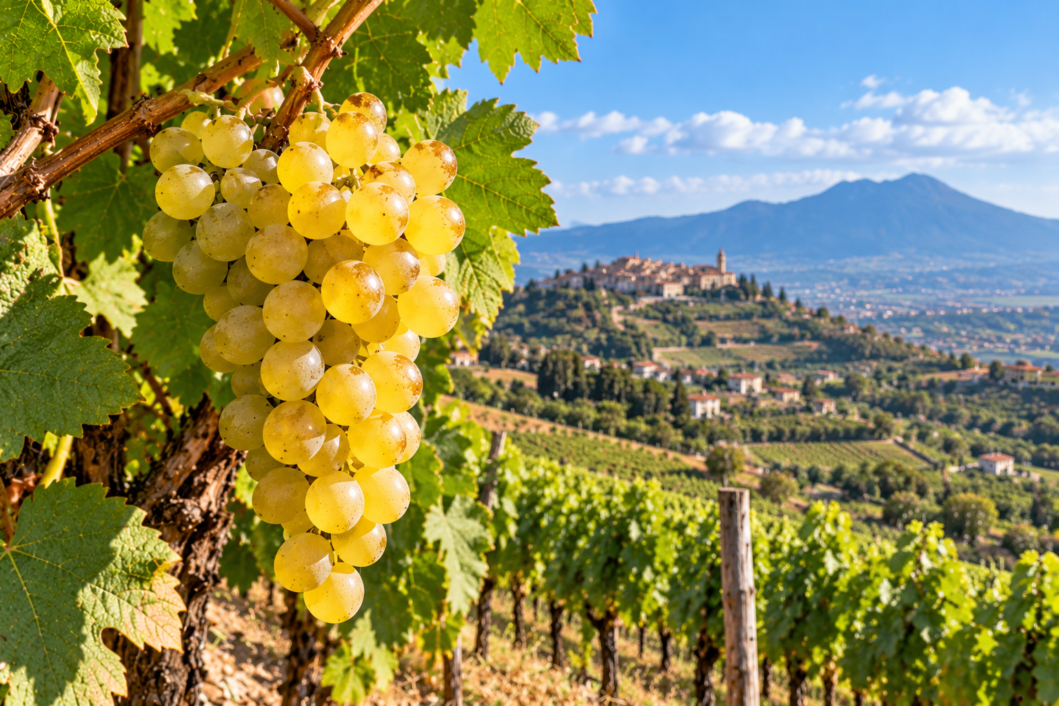 Grappolo di uva Fiano matura sulla vite con vigneti dell'Irpinia in Campania sullo sfondo
