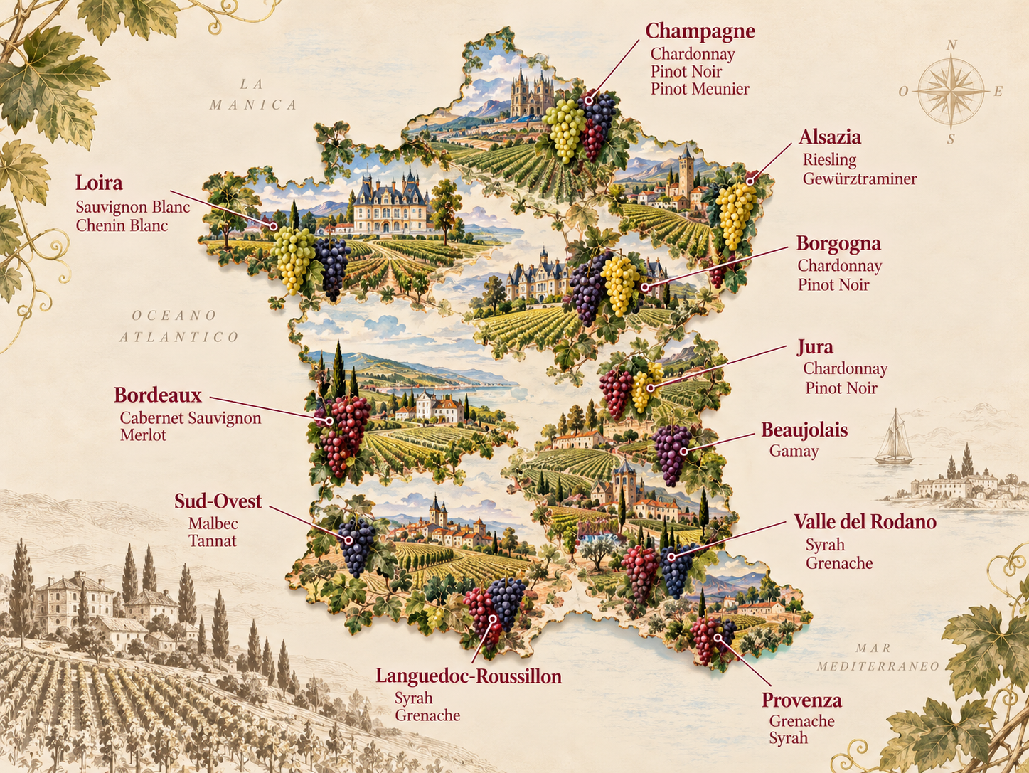 Mappa illustrata della Francia con le principali regioni vinicole e i vitigni francesi