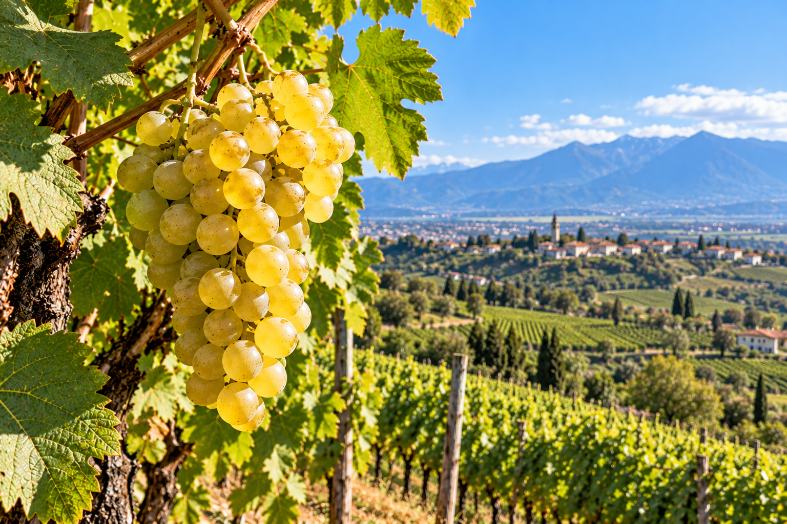 Grappolo di uva Friulano matura sulla vite con vigneti del Friuli-Venezia Giulia sullo sfondo