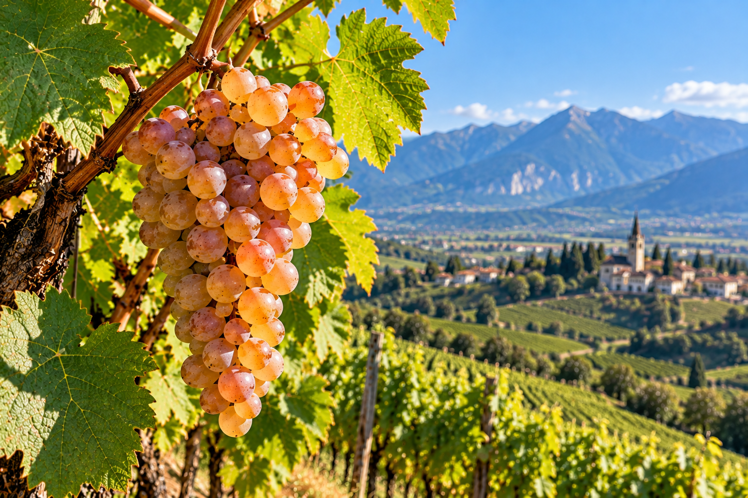 Grappolo di uva Gewürztraminer matura sulla vite con vigneti dell'Alto Adige e montagne sullo sfondo