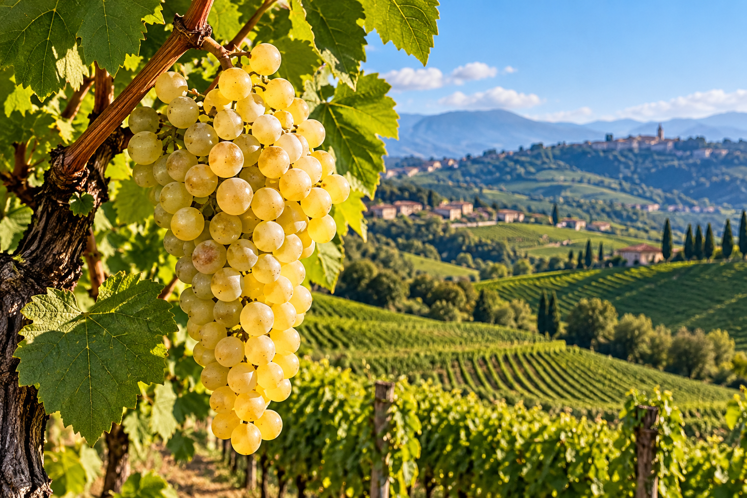 Grappolo di uva Glera matura sulla vite con vigneti collinari del Veneto sullo sfondo