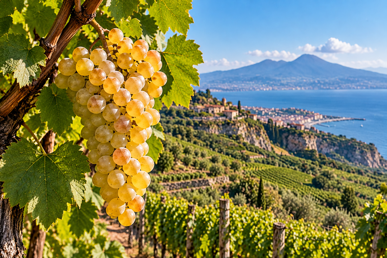 Grappolo di uva Greco matura sulla vite con paesaggio mediterraneo ispirato alla Campania sullo sfondo