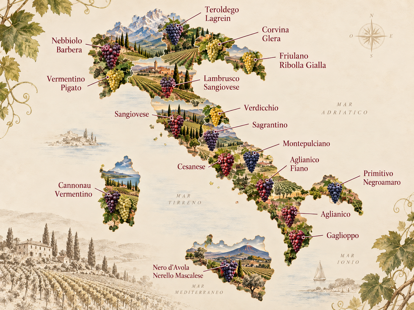 Mappa illustrata dell'Italia con i principali vitigni italiani, tra cui Nebbiolo, Sangiovese, Aglianico, Cannonau e Nero d'Avola