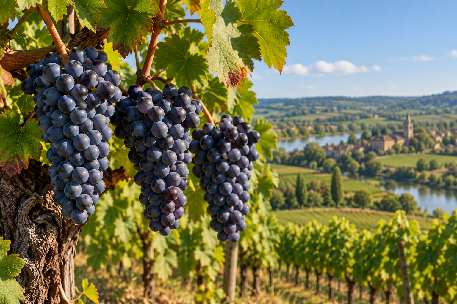 Tre grappoli di uva Merlot matura sulla vite con vigneti e paesaggio ispirato alla regione di Bordeaux in Francia