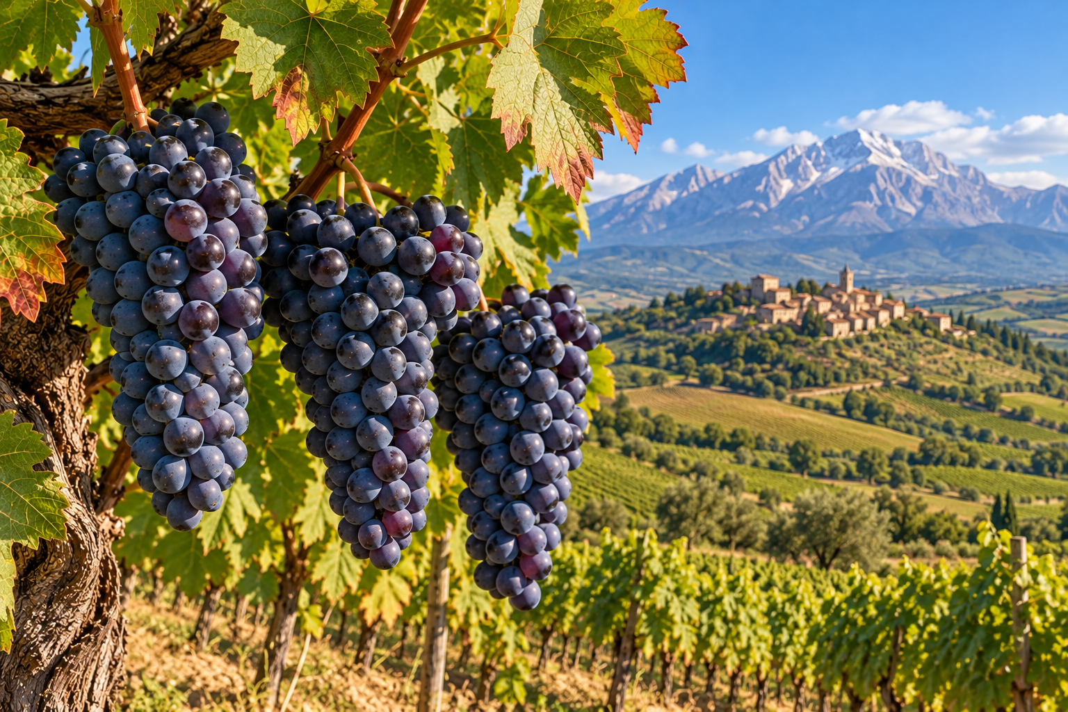 Tre grappoli di uva Montepulciano matura sulla vite con vigneti abruzzesi e montagne del Gran Sasso sullo sfondo