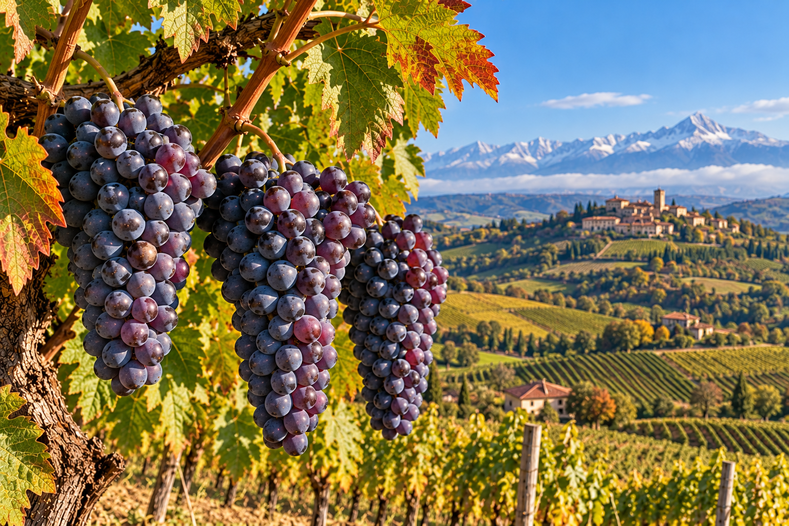 Tre grappoli di uva Nebbiolo matura sulla vite con vigneti collinari delle Langhe in Piemonte e montagne alpine sullo sfondo