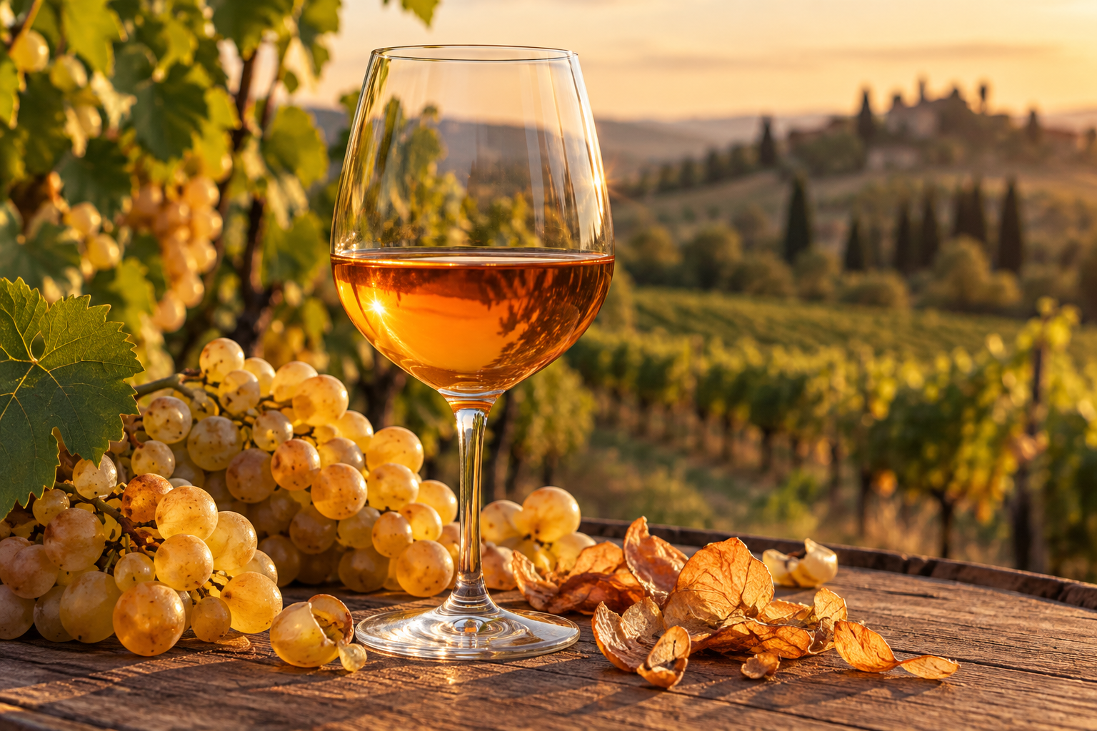Calice di Orange Wine ambrato con grappoli di uva bianca e bucce in un vigneto