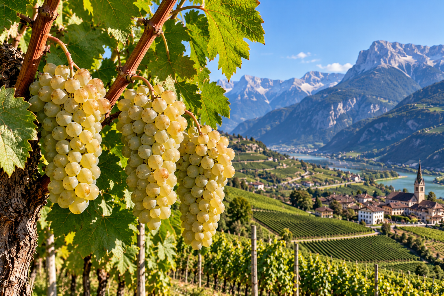 Tre grappoli di uva Pinot Bianco matura sulla vite con vigneti e montagne dell'Alto Adige sullo sfondo