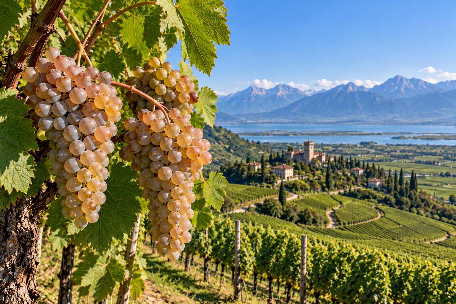 Grappoli di uva Pinot Grigio con acini rosati e ramati sulla vite, tra vigneti collinari ispirati al Friuli-Venezia Giulia
