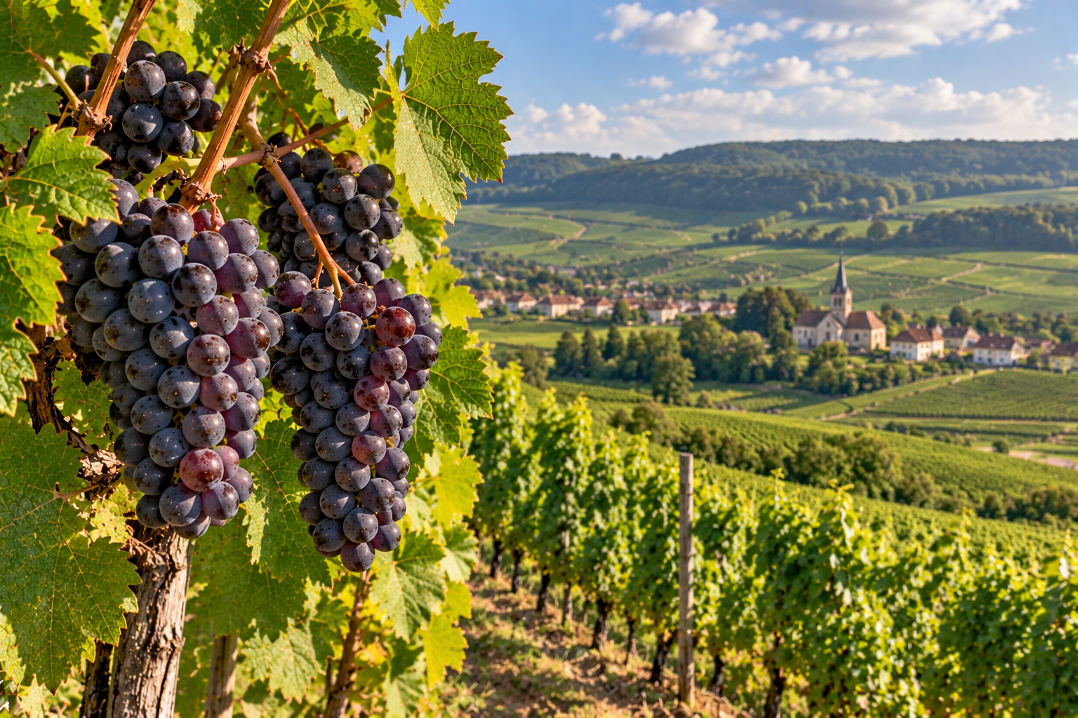 Grappoli di Pinot Meunier maturi sulla vite con vigneti collinari della Champagne e paesaggio ispirato alla Montagne de Reims