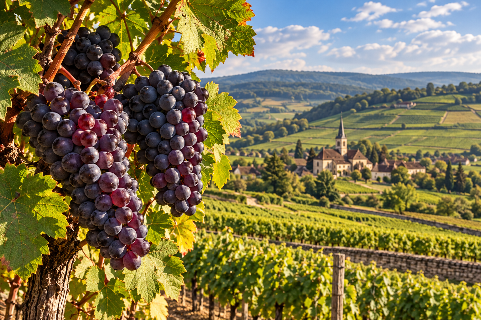 Tre grappoli di Pinot Nero maturo sulla vite con vigneti collinari e borghi ispirati alla Borgogna francese