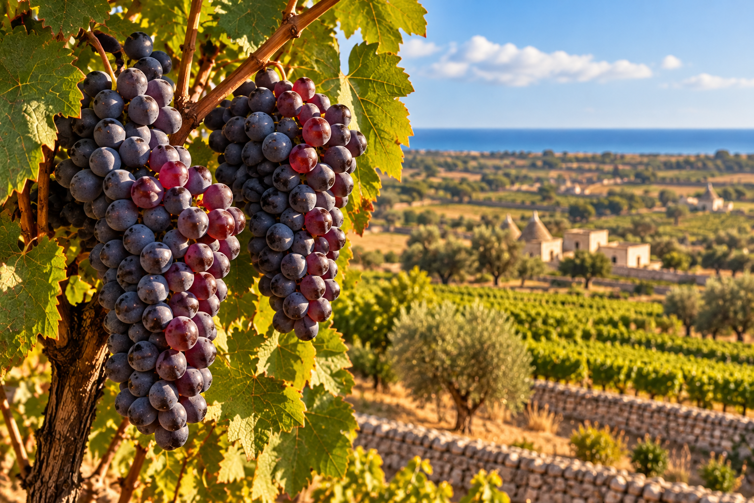 Grappoli di Primitivo maturo sulla vite con vigneti, uliveti e paesaggio mediterraneo ispirato alla Puglia