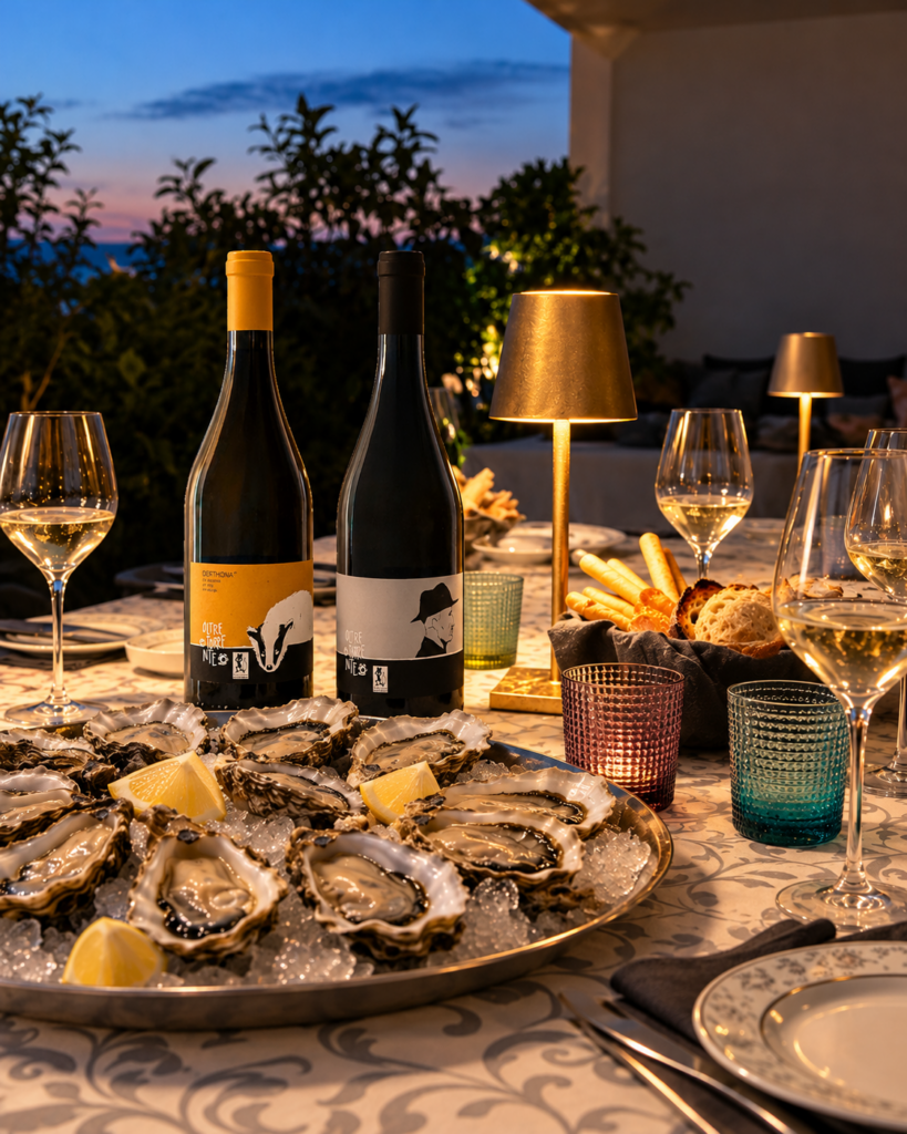 Ostriche e calici di bollicine durante una degustazione esclusiva