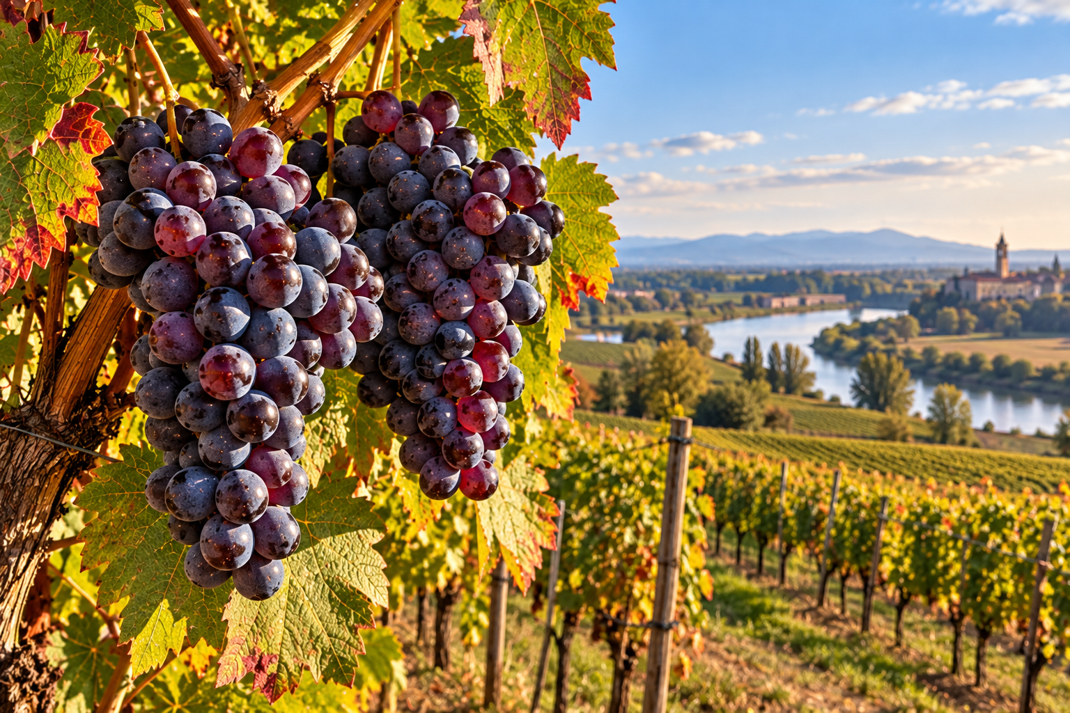 Grappoli di Raboso maturo sulla vite con vigneti e paesaggio ispirato al territorio del Piave in Veneto