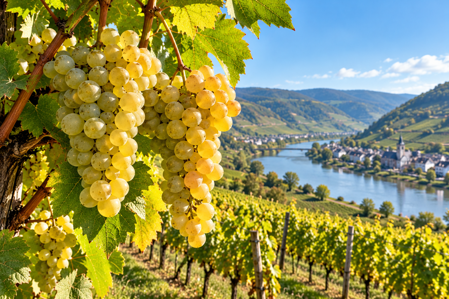 Grappoli di Riesling Renano maturo sulla vite con vigneti collinari e paesaggio fluviale sullo sfondo