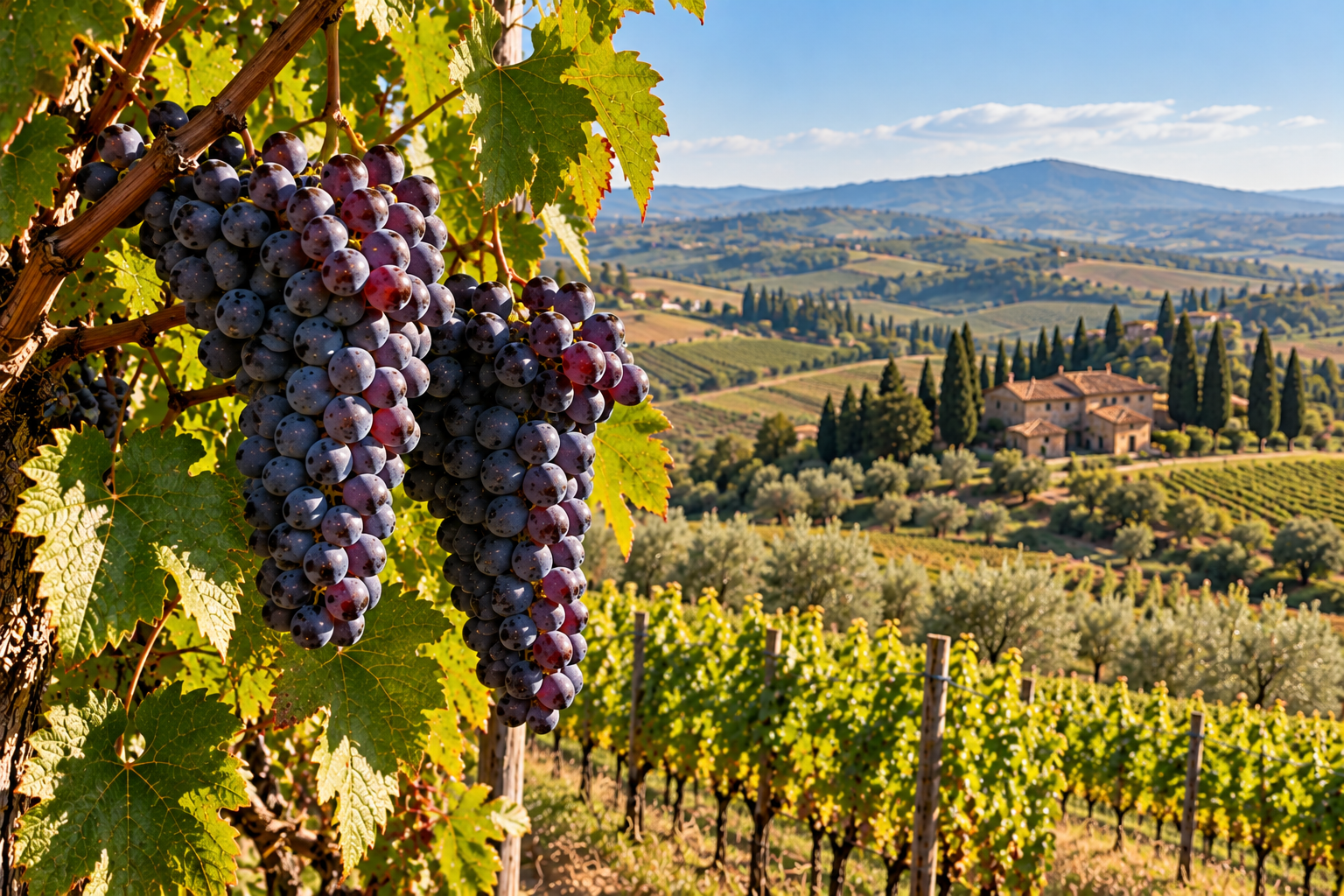 Grappoli di Sangiovese maturo sulla vite con vigneti e uliveti delle colline del Chianti Classico in Toscana