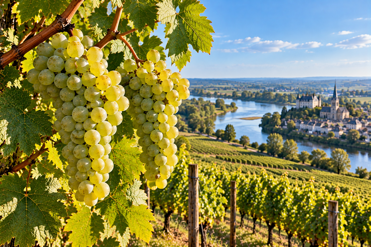 Grappoli di Sauvignon Blanc sulla vite con vigneti e paesaggio fluviale ispirato alla Valle della Loira in Francia