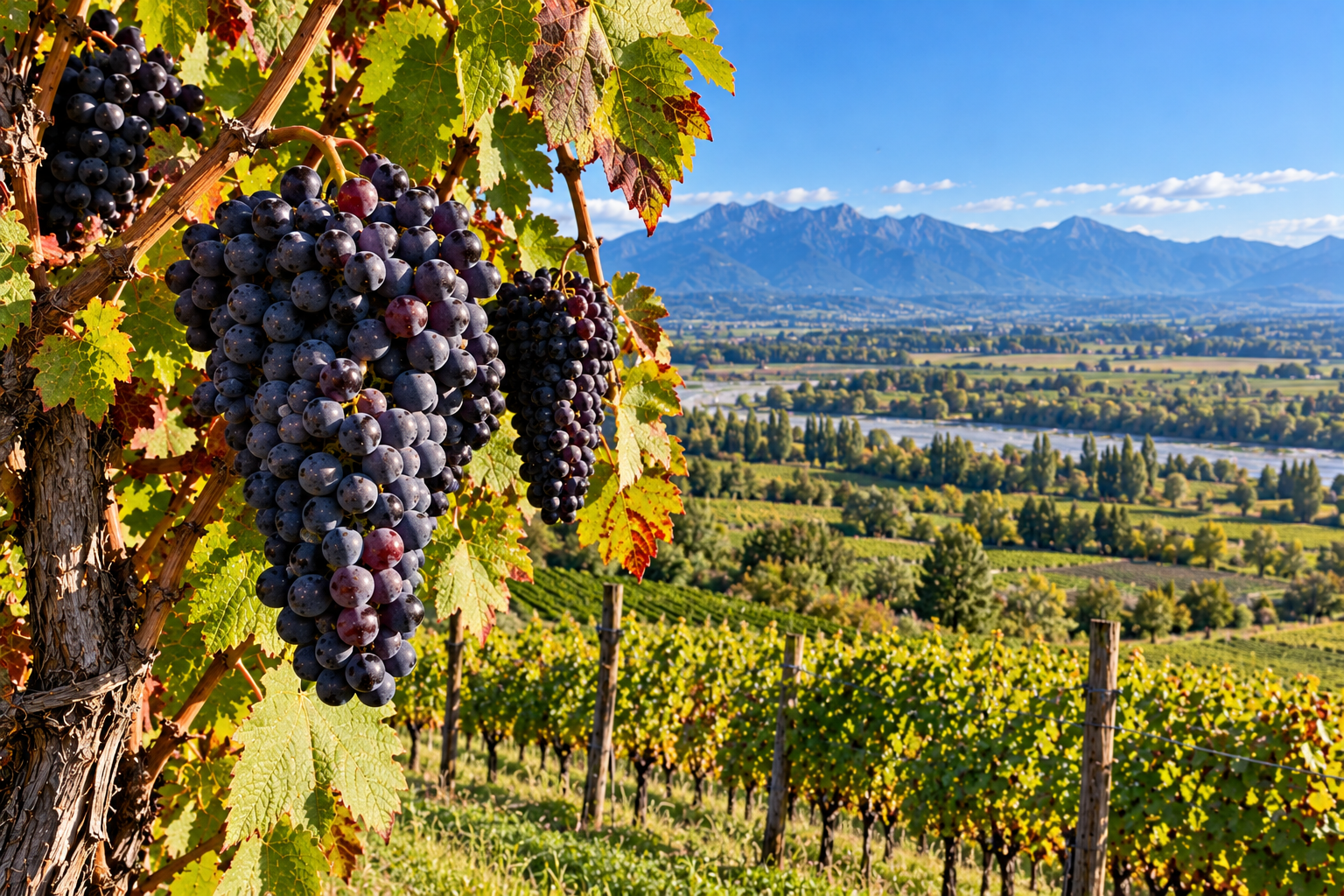Grappoli di Schioppettino maturo sulla vite con vigneti del Friuli Venezia Giulia e rilievi montuosi sullo sfondo