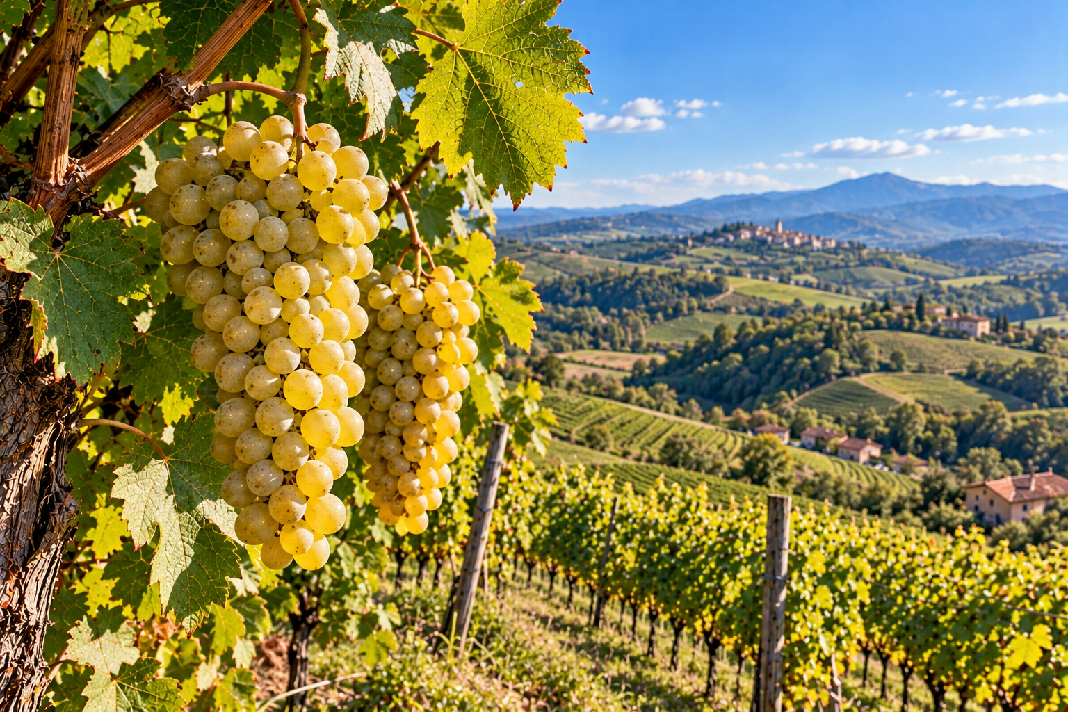 Grappoli di Timorasso maturo sulla vite con vigneti dei Colli Tortonesi in Piemonte e rilievi appenninici sullo sfondo