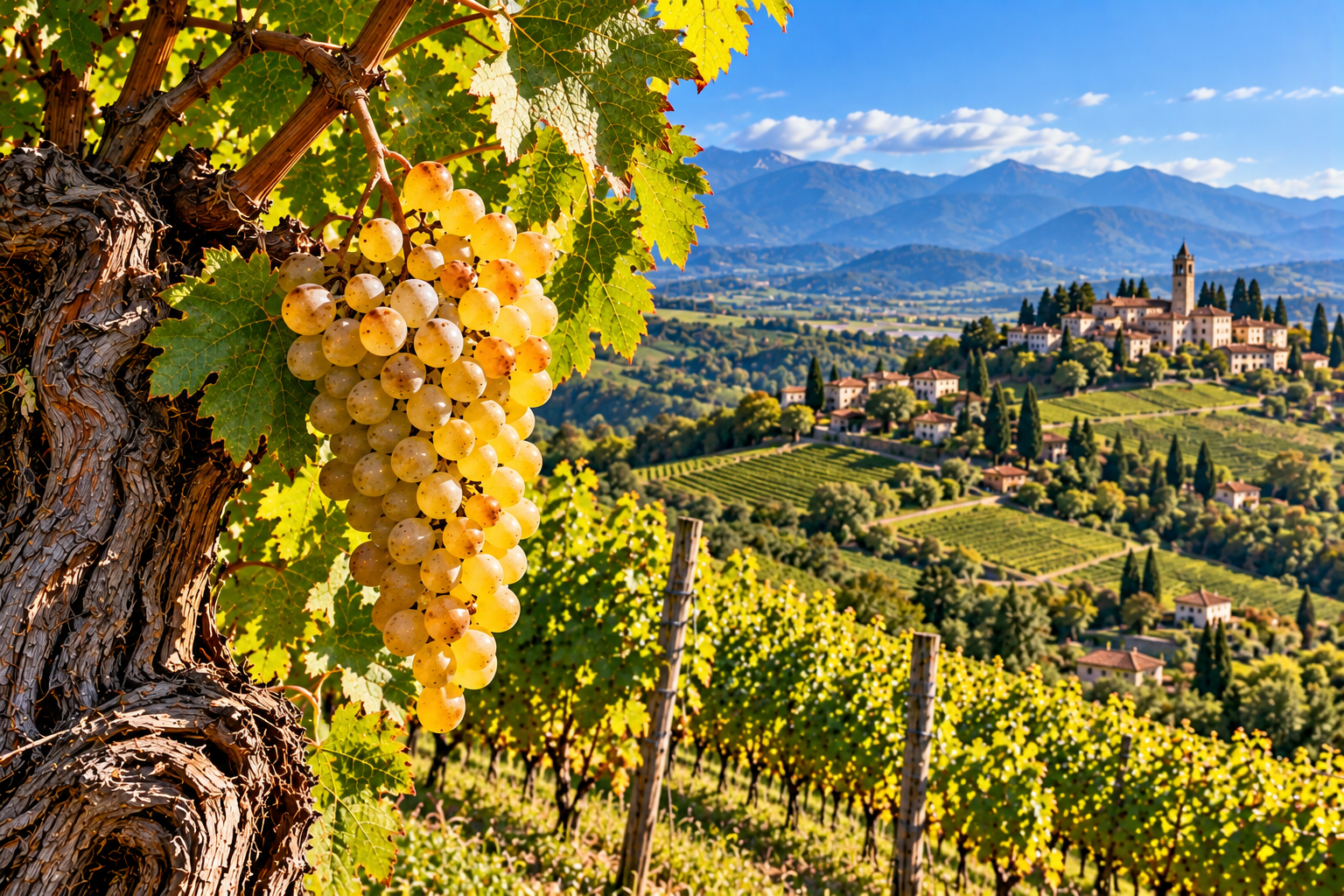 Grappolo di uva Verduzzo dorata sulla vite, con vigneti del Friuli Venezia Giulia e rilievi montuosi sullo sfondo
