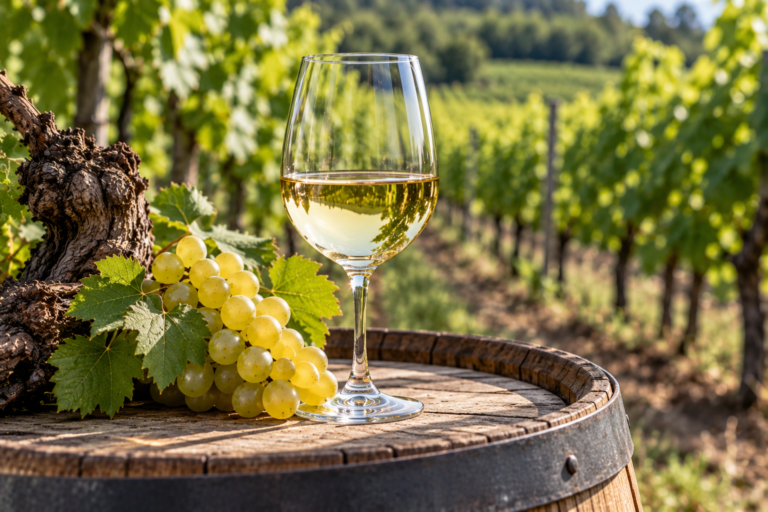 Vino bianco con uva a bacca bianca in un vigneto