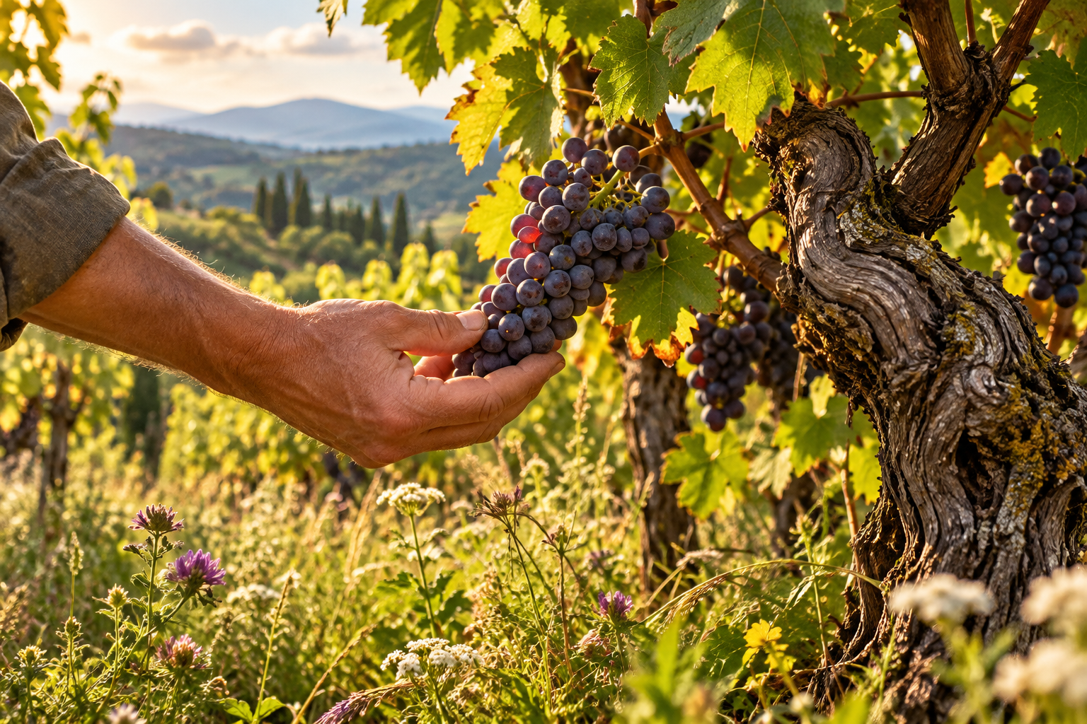 Mano di un vignaiolo che osserva un grappolo d'uva nera su una vecchia vite, in un vigneto con fiori spontanei