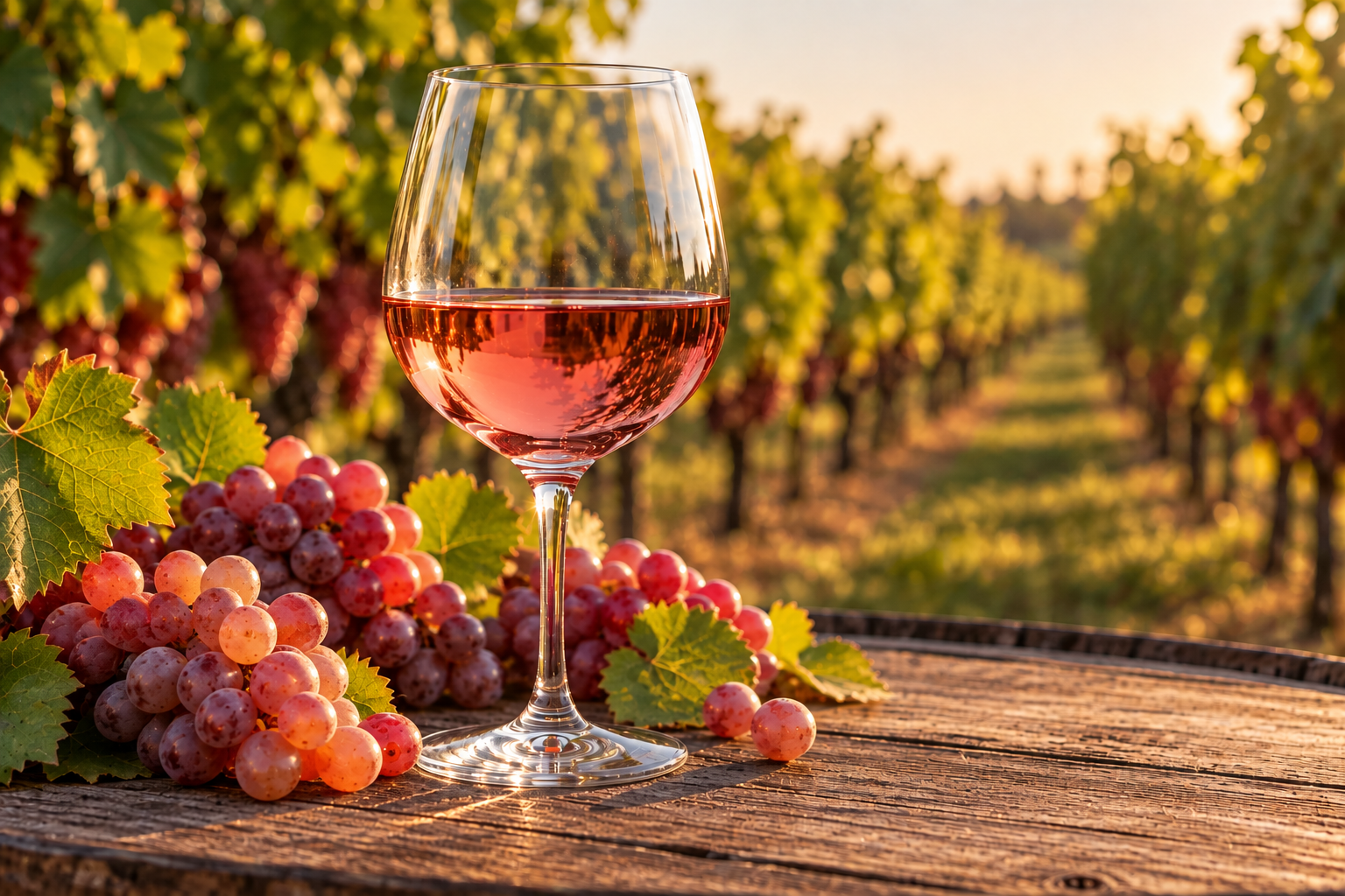 Calice di vino rosato dal colore rosa brillante con grappoli d'uva e filari di vite sullo sfondo