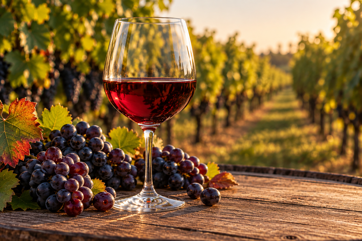 Calice di vino rosso rubino con grappoli di uva nera e filari di vite sullo sfondo