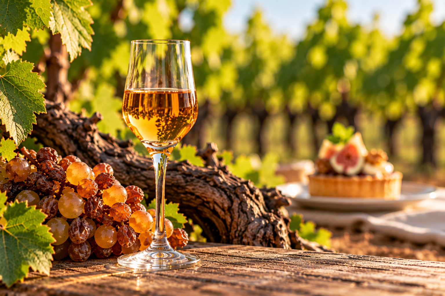 Calice di vino dolce con uva appassita e dessert nel vigneto